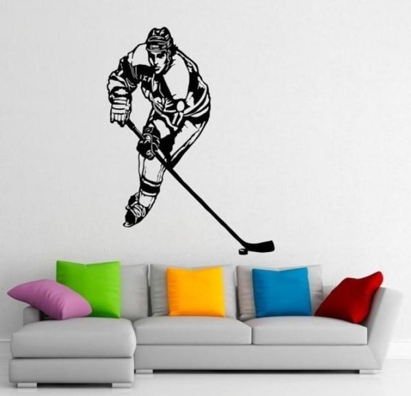 Hockey-Wandaufkleber, Aufkleber und Wandbild für Kinderzimmer, Kinderzimmer, Sport-Wandkunst für Heimdekoration, Eishockeyspieler, Silhouette3500582