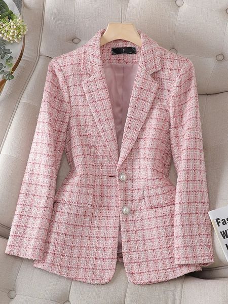 Cappotto da donna casual autunno inverno a maniche lunghe da donna blazer scozzese beige rosa 240109