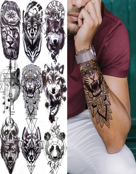 Tiger Schwarz Tribal Totem Temporäre Tattoo Für Männer Frauen Kinder Gefälschte Wolf Panda Löwe Tod Schädel Tattoo Aufkleber Geometrische Arm tatos3567258