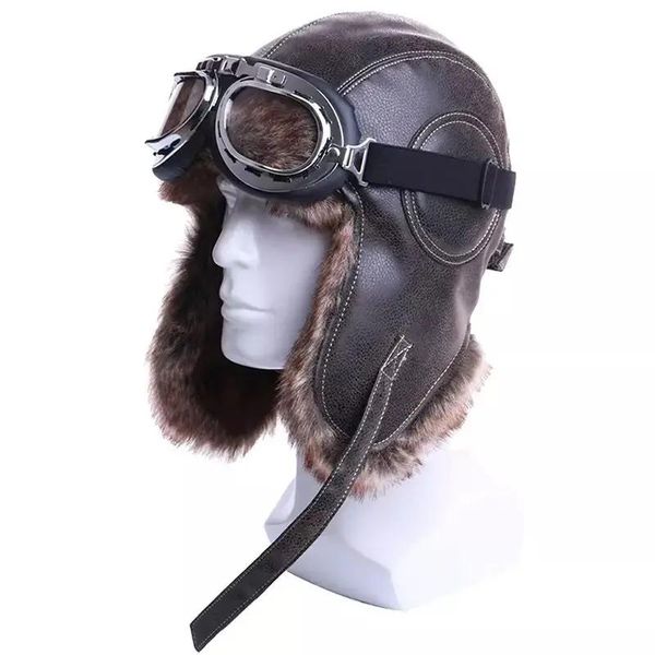 Occhiali paraorecchie colbacco cappello di pelliccia calda casco militare in pelle bomber da uomo trapper pilota costume da aviatore berretto con occhiali sovietici per le donne