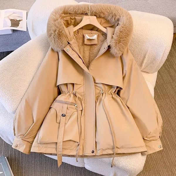 Moda kadın kış ceket büyük kürk yaka parkas ceket uzun kapşonlu sıcak yün astar kadın kar aşınma yastıklı parka 240110