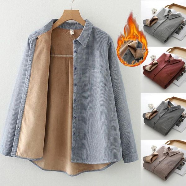 Blusas femininas 2024 outono moda feminina listra camisa casual botão pokcet blusa de manga longa topo lapela jaqueta de lã casaco quente