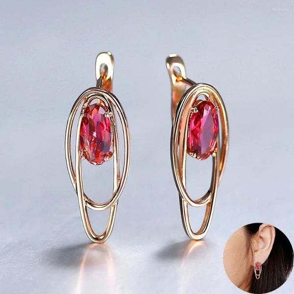 Brincos pendurados para mulheres meninas 585 cor de ouro rosa geométrico oval vermelho rubi pedra joias de casamento presentes lge349