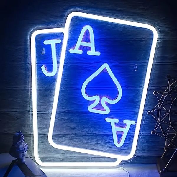 Spielkarten Neonschild für Wanddekoration Poker Teen LED Neon Blau Weiß USB Lichtschild Schlafzimmer Casino Bar Hotel Spielzimmer Geburtstag Party Dekoration