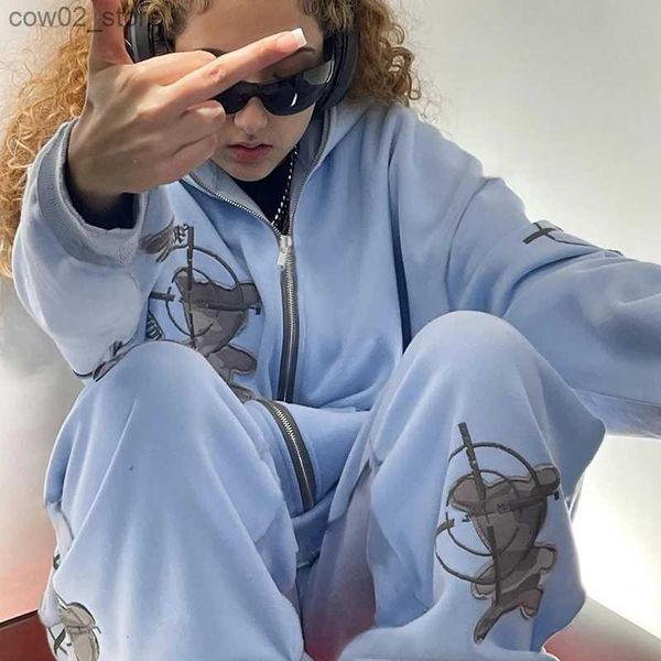 Tracksuits dos homens Y2K Hip Hop Bear Padrão Letras Bordado Oversized Full Zip Up Hoodie Calças Homens Mulheres 2023 Casal Sportswear Streetwear Q230110