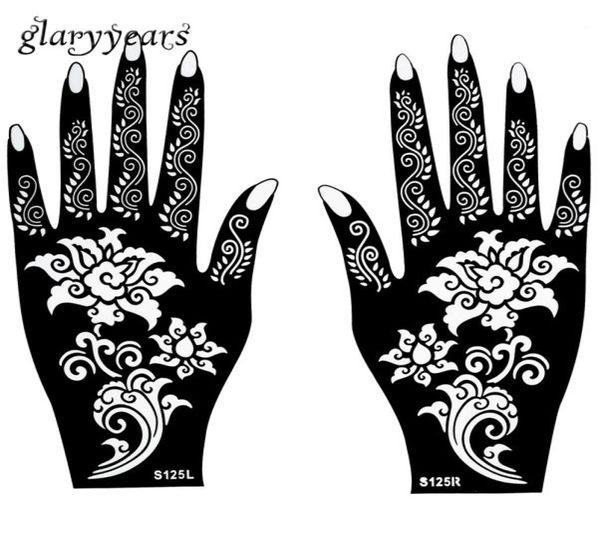 Ganzes 1 Paar Henna-Tattoo-Schablonen, wunderschönes Blumenmuster-Design für Frauen, Körper, Hände, Mehndi, Airbrush-Kunst, Malerei, 20 11006954