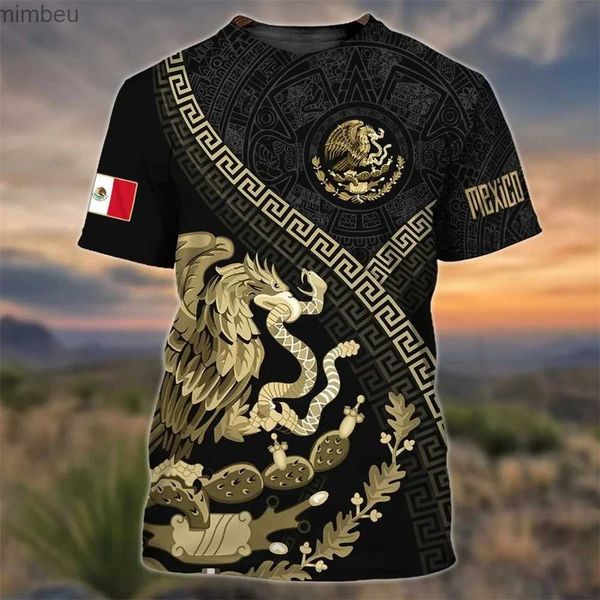 Мужские футболки Летняя футболка с принтом национального флага Мексики для мужчин Модная 3D-узор орла с коротким рукавом Негабаритная футболка с круглым вырезом для отдыха StreetwearL240110