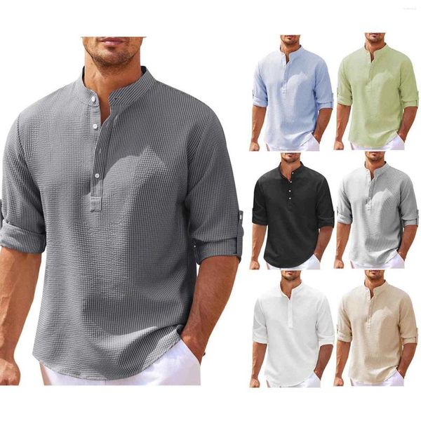 Camisas casuais masculinas gola de banda manga longa praia hippie t moda verão curto tee traje corpo terno masculino