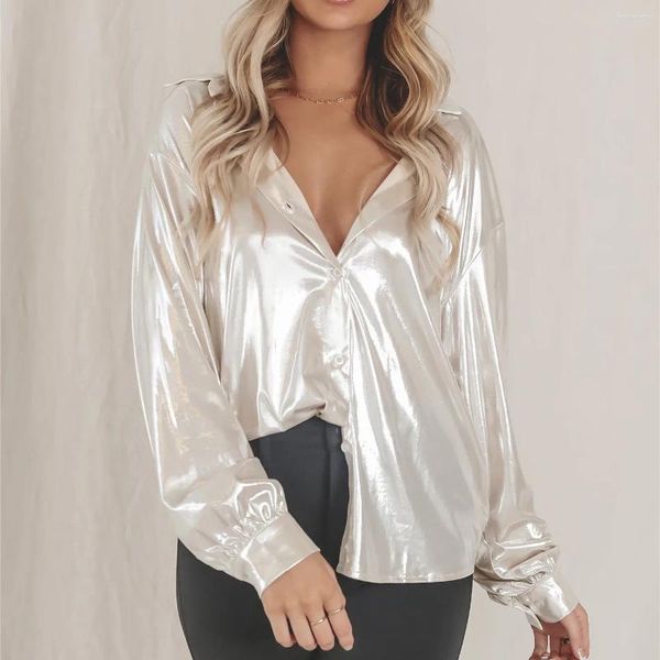 Blusas femininas imcute blusa metálica brilhante para mulheres manga comprida decote em v botão para baixo camisas top casual solto brilhante discoteca festa clube desgaste