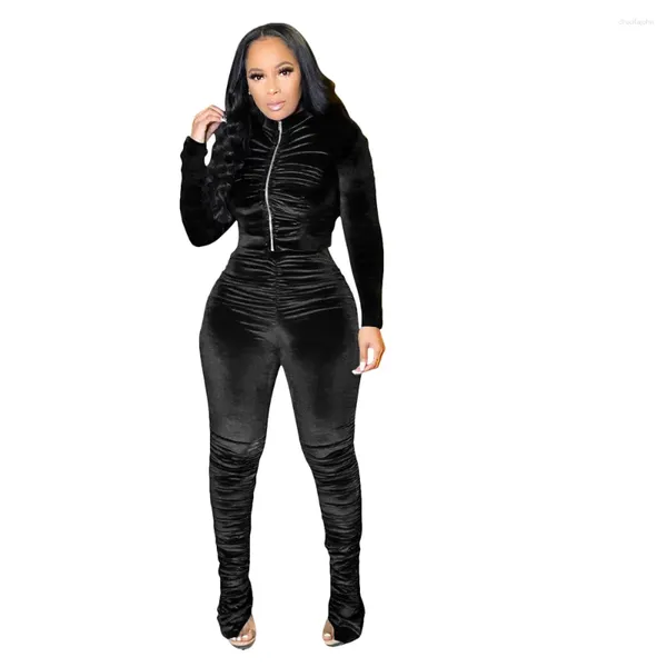 Frauen Zweiteilige Hosen S-2XL Frauen Winter Kleidung Sets Hose Anzüge Langarm Samt Falten Bodycon Sport Trainingsanzüge Großhandel Drop