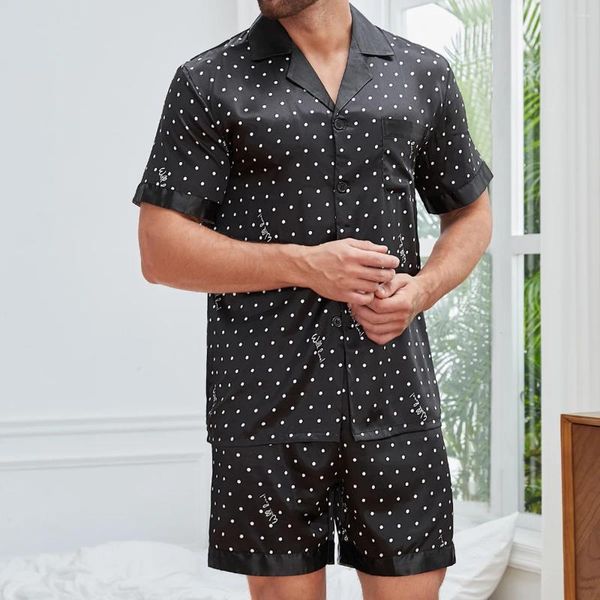 Conjunto de pijamas de cetim masculino, 2 peças, roupa de dormir estampada, manga curta, shorts, roupa de dormir masculina, verão