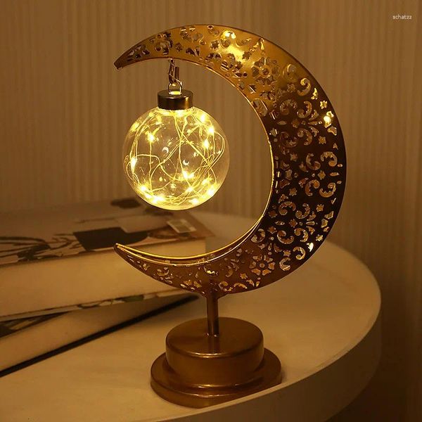 Decoração de festa lua r led noite lâmpada com suporte ouro metal estrela fada mesa luz ornamento ramadan quarto festival presente