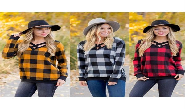 Magliette da donna Pullover Maglie a manica lunga Lady Plus Size Scollo a V Plaid Felpe casual Colori contrastanti Disegni incrociati Decorat9082235