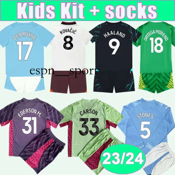 espnsport 2023 24 STERLING GREALISH RODRIGO Kit per bambini Maglie da calcio DE BRUYNE BERNARDO CARSON Away 3rd GK e Maglia da calcio a maniche lunghe Home Uniformi a maniche corte