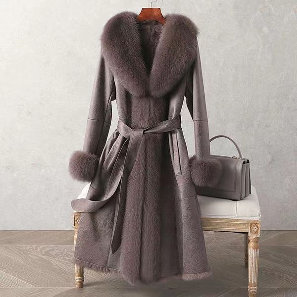 Cappotto in pelliccia di coniglio finto di design da donna di media lunghezza invernale aderente in pelle di volpe con colletto polsini in pelliccia con cintura