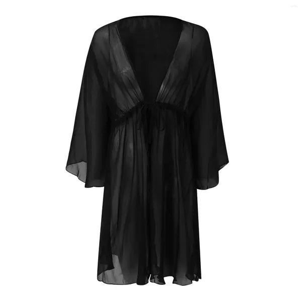 Mulheres de banho com decote em v mulheres verão praia protetor solar cover-ups chiffon cintura longa maiô blusa cobrir beachwear