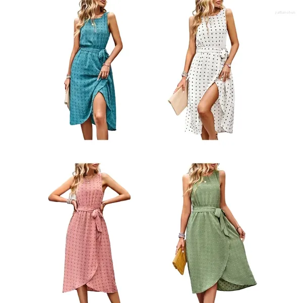 Vestidos casuais mulheres sem mangas swiss-dot em torno do pescoço split frente midi vestido com bolsos de cinto y1qd