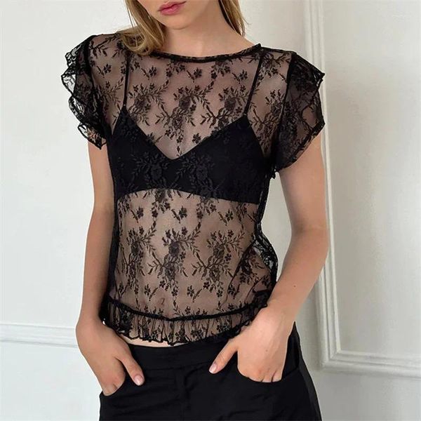 Canotte da donna Xingqing Y2k Crop Top Abiti estetici Donna Sheer See Through T-shirt a maniche corte in pizzo floreale Anni 2000 Abbigliamento Streetwear