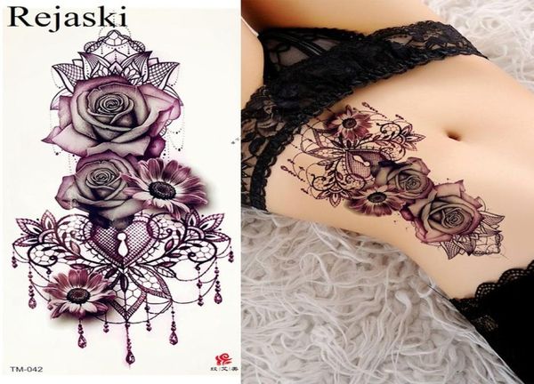 Adesivi per tatuaggi con trasferimento dell'acqua per gioielli in rosa viola, per donne, corpo, petto, arte, tatuaggio temporaneo, ragazza, braccialetto in vita, tatuaggi flash Fiore4064124