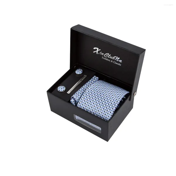 Laços estilo moda 8 cm pontos gravata conjunto gravata ciano hankie abotoaduras caixa de presente jacquard tecido ajuste casamento formal local de trabalho azul