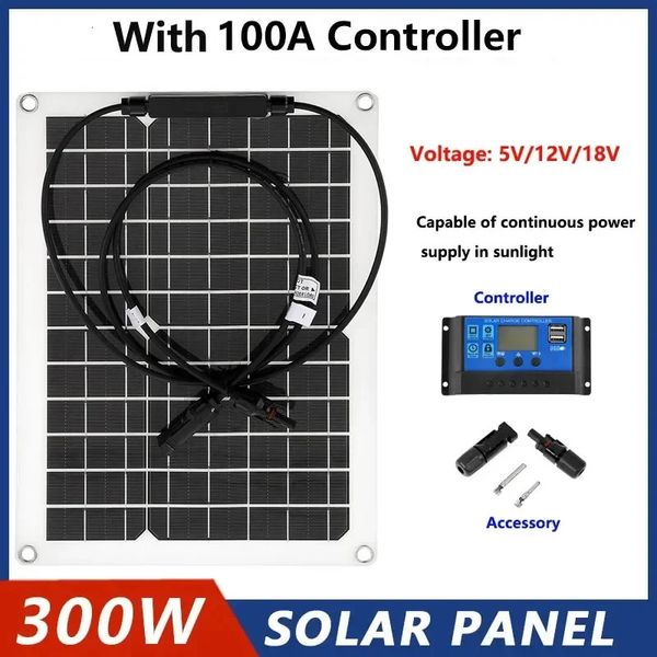 300W Güneş Paneli 18V Güneş Güç Hücreleri Banka Konektörlü Kapak Denetleyicisi IP65 Telefon ARAÇ RV Tekne Şarj Cihazı 240110