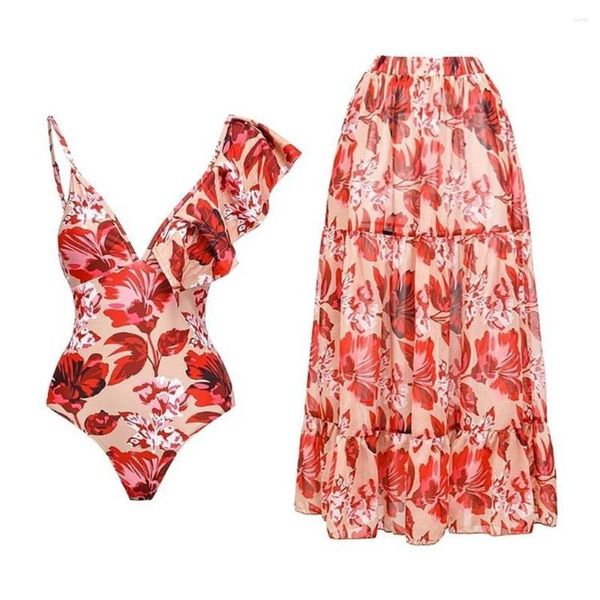 Damen-Badebekleidung, roter Aufdruck, Sling-Bikini-Set, vertuschen, One-Shoulder-Rüschen, V-Ausschnitt, rückenfrei, sexy Strandmode, einteiliger Badeanzug mit hoher Taille