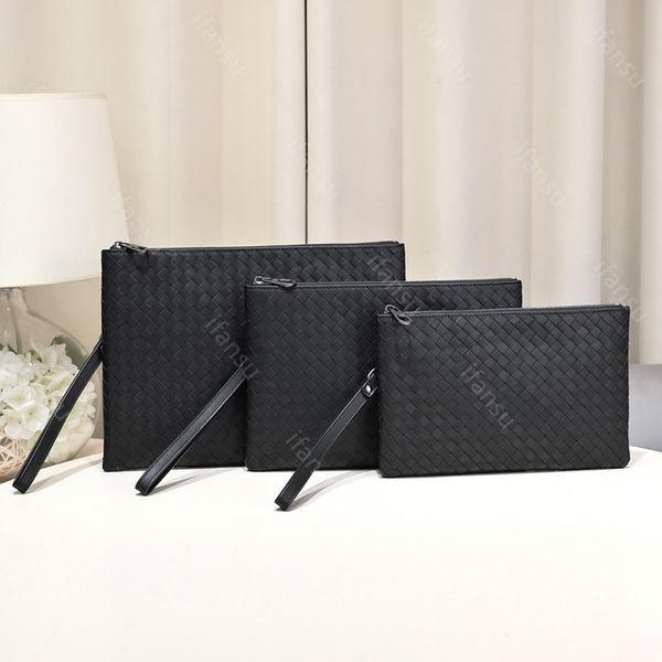 Marca de luxo bolsa de embreagem de couro genuíno high-end designer bolsa de negócios moda bordado mão tecido arquivo saco grande capacidade estilo minimalista viagem preto 16099