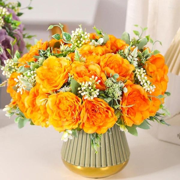 Dekorative Blumen Hochzeit Künstlicher Kamelienstrauß Seide Gefälschte Gartendekoration Simulationsblume Traumhafte orange blaue Kamelien mit Blumenmuster