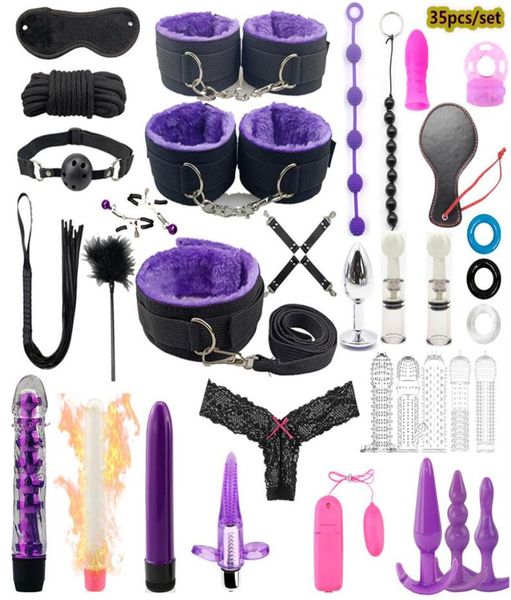 35 Pçs / set Produtos Sexuais Brinquedos Sexuais para Mulheres BDSM Sex Bondage Set Anal Plug Vibrador Vibrador Chicote Algemas Brinquedos Adultos Jogo Escravo MX205622540