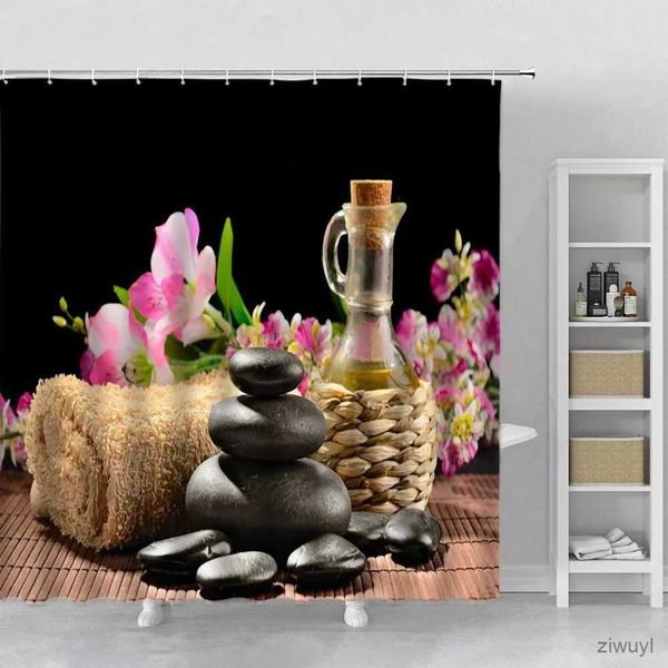 Tende da doccia Tende da doccia Zen in bambù verde Pietra nera Massaggio con ciottoli Decorazioni per il bagno in pietra Set di tende da bagno con tessuto