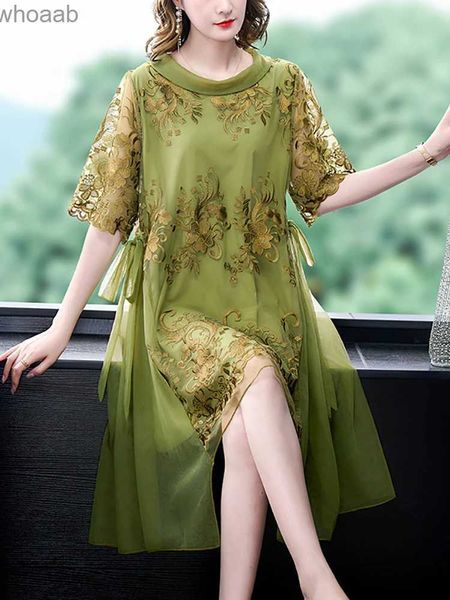 Vestidos casuais básicos verão malha verde bordado floral midi vestido feminino nova moda luz casual vestido de baile 2023 coreano vintage elegante vestido solto yq240110