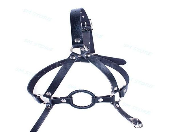 Arnês de cabeça de couro de bondage restrant boca aberta o anel mordaça cinta adulto manilha escravo b9013783390