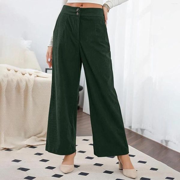 Damenhosen 2024 Frühling Herbst Frauen Feste Cordhose Knopf Elastische Taille Gerade Lange Plus Größe Lose Lässige Für