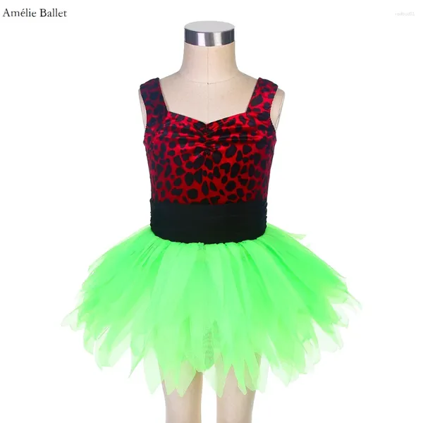 Stage Wear 18105 Corpetto body in velluto rosso e nero con gonna tutù verde per bambini Costume per spettacolo di danza classica jazz