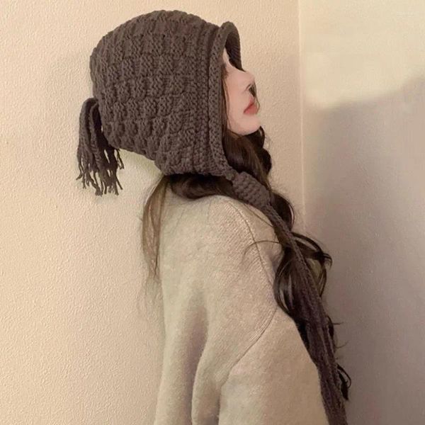 Berets Chapéu de malha elegante inverno para mulheres gorro de borla longa com design elástico antiderrapante macio proteção de ouvido respirável