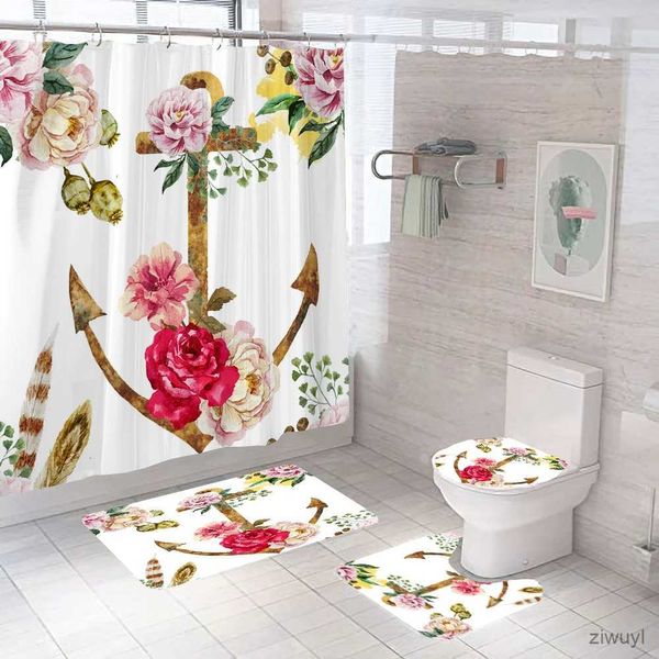 Duş perdeleri su geçirmez banyo duş perdesi nordic tarzı çiçek çapa banyo perdesi setleri tuvalet kapağı kaymaz mat halı halı ev dekor