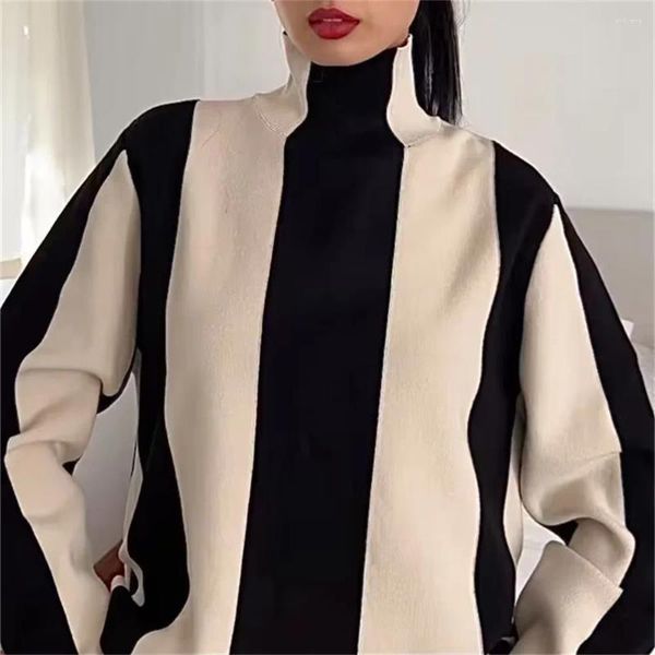 Suéteres femininos estilo preguiçoso gola alta pulôver preto e branco suéter listrado vertical para mulheres outono inverno desgaste exterior suave de malha