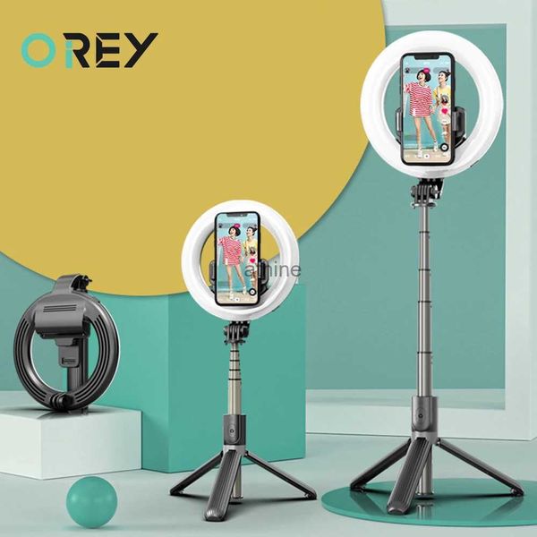 Selfie Monopods Kablosuz Bluetooth uyumlu selfie çubuk katlanabilir elden taşınabilir uzaktan deklanşör, Android IOS YQ240110 için halka ışık fotoğrafçılığı ile