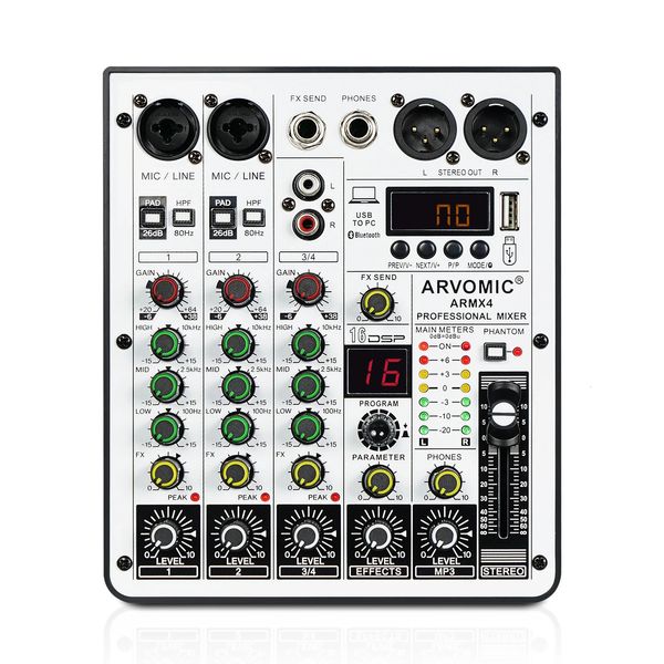 Mixer audio a 4 canali ARVOMIC DJ con interfaccia USB Funzione Bluetooth 16 effetti DSP ed EQ a 3 bande ARMX4 240110