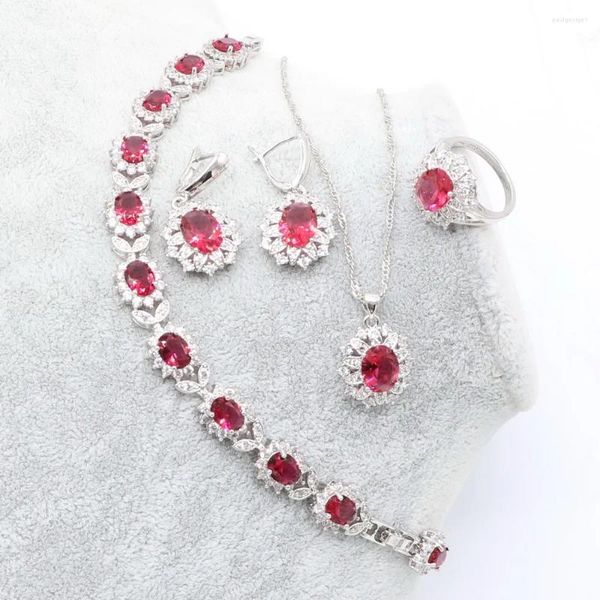 Collana Orecchini Set Moda Per Donna Timbro Argento 925 Colore Rosa Pietre Rosse Ciondoli Bracciali Anelli Regalo di Natale