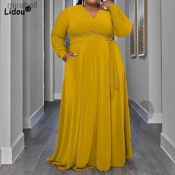 Vestidos casuais básicos plus size temperamento cor sólida com decote em v laço manga comprida bolsos de outono tamanho solto vestido maxi pendular para roupas femininas yq240110