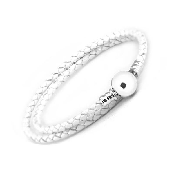 Armreifen weiße Lederarmband 925 Sterling Silber Round Verschluss Frauenarmbänder Fein DIY Charm Bangle Homme Schmuck Geschenk