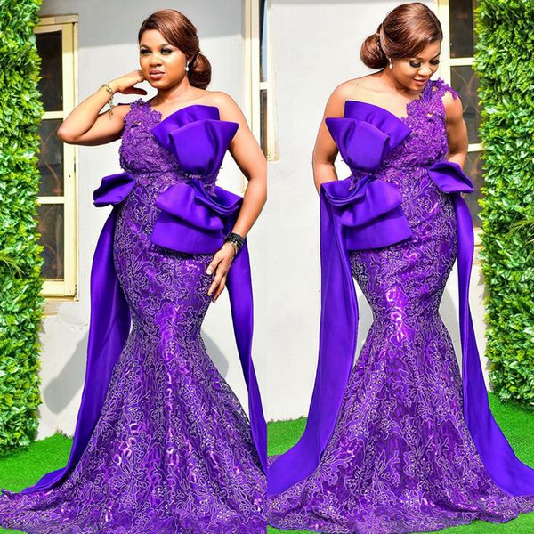 Fulllace Purple Plus Size Aso Ebi Пром платья One Shoudler Русалка с кружевом и бантом Пром платья для африканских чернокожих женщин Платье для дня рождения Второй прием NL463