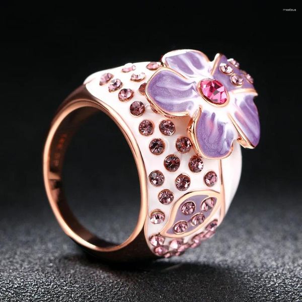 Cluster Ringe Lila Blume Rose Gold Farbe Ring Schmuck Österreichische Kristalle Für Frauen Mädchen Paryt Top Qualität ZYR045