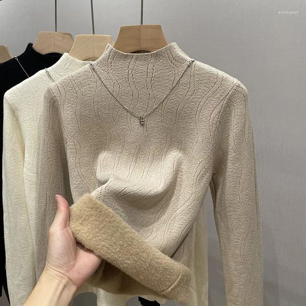 Maglioni da donna Collo semialto Calda camicia base in velluto integrata Autunno e inverno 2024 Stile con maglione imbottito in pile