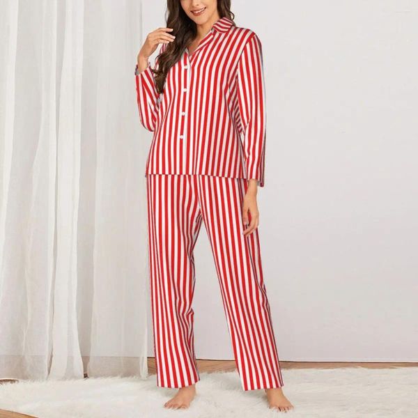 Pijamas femininos listrado impressão outono vermelho e branco casual oversize conjuntos de pijama feminino manga longa kawaii casa design nightwear