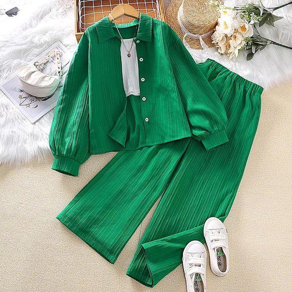 Set di abbigliamento 2024 Bambini Vestiti autunnali Manica lunga Neonata Verde Camicia pantaloni Abito in 2 pezzi Moda Abiti per bambini