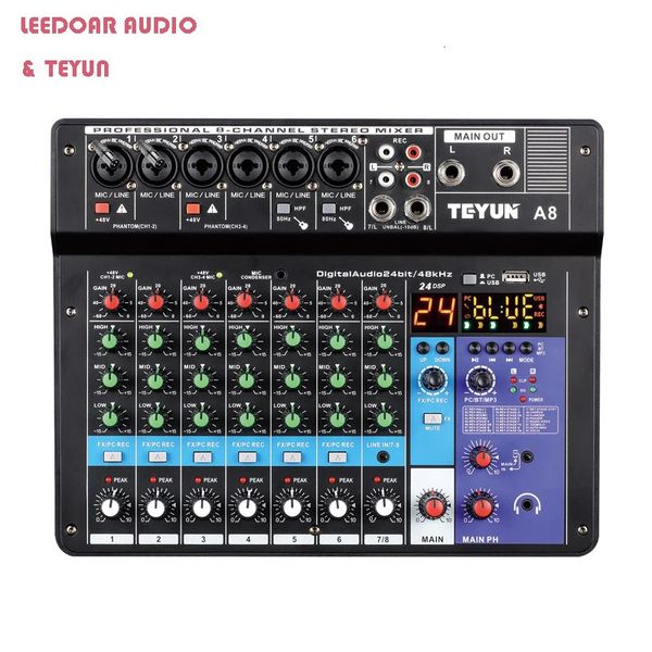 TEYUN 8 6 Tavolo di missaggio audio DJ a 4 canali 24 Mixer audio con effetti DSP Bluetooth PC USB Riproduzione Registrazione Console di controllo 48V 240110