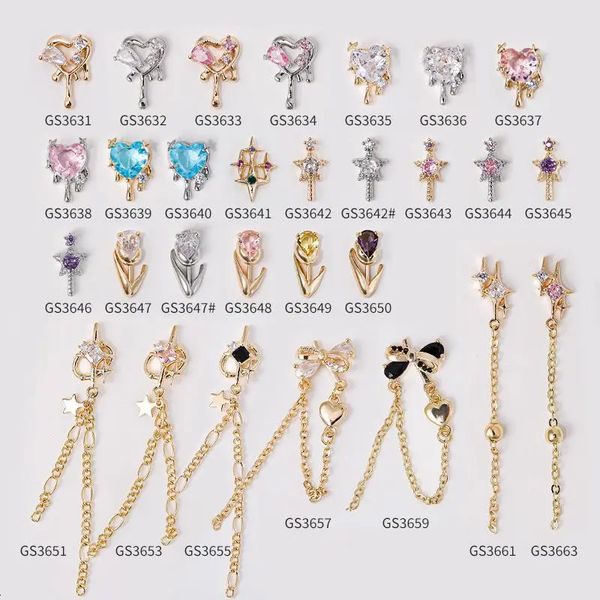 10 teile/los Kawaii Liebe Herz Tulpe Stern Kette Nail art Teil Zirkon Kristalle Maniküre Nägel Accesorios Liefert Dekorationen Charms 240109