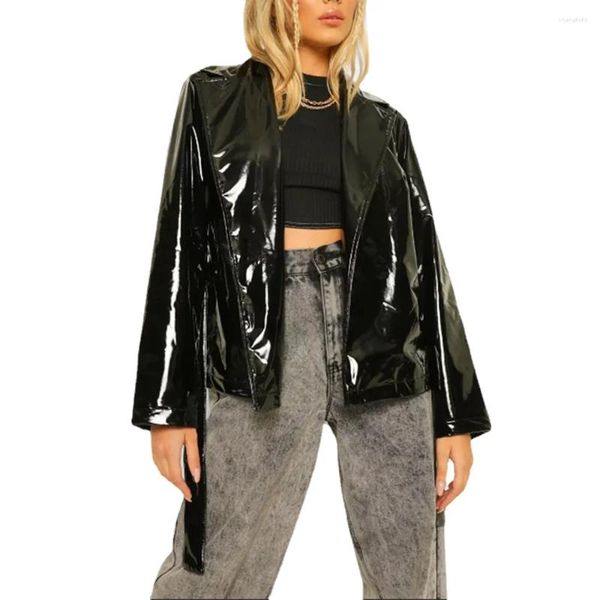 Jaquetas femininas moda rua vinil pvc couro turn-down colarinho com cinto punk olhar molhado manga longa casacos roupas femininas casaco 7xl